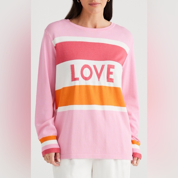 Brave + True Petra LOVE Striped Crewneck Sweater Pink White Orange Medium 8 NWT - Picture 2 of 3